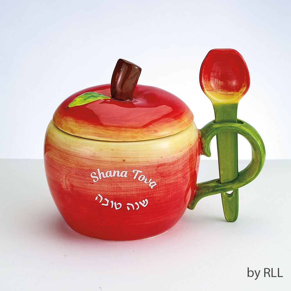 צלחת דבש מקרמיקה בצורת תפוח עם כף