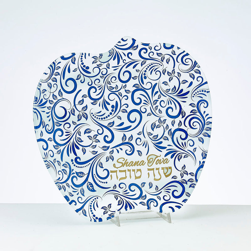 צלחת זכוכית לראש השנה עם עיצוב זהב וכחול בצורת תפוח